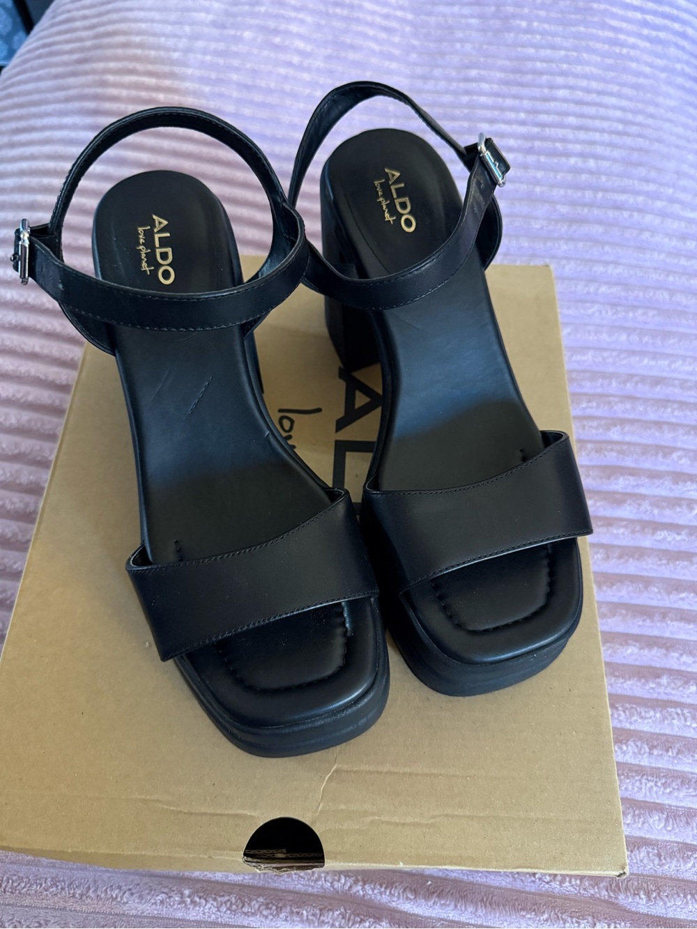 ALDO Black Women's Square Toe Block platform Heel Sandals